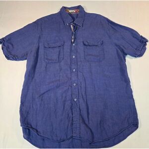 Bugatchi Uomo Blue Linen Button Down Shirt Men’s XL Shaped Fit Short Sleeve